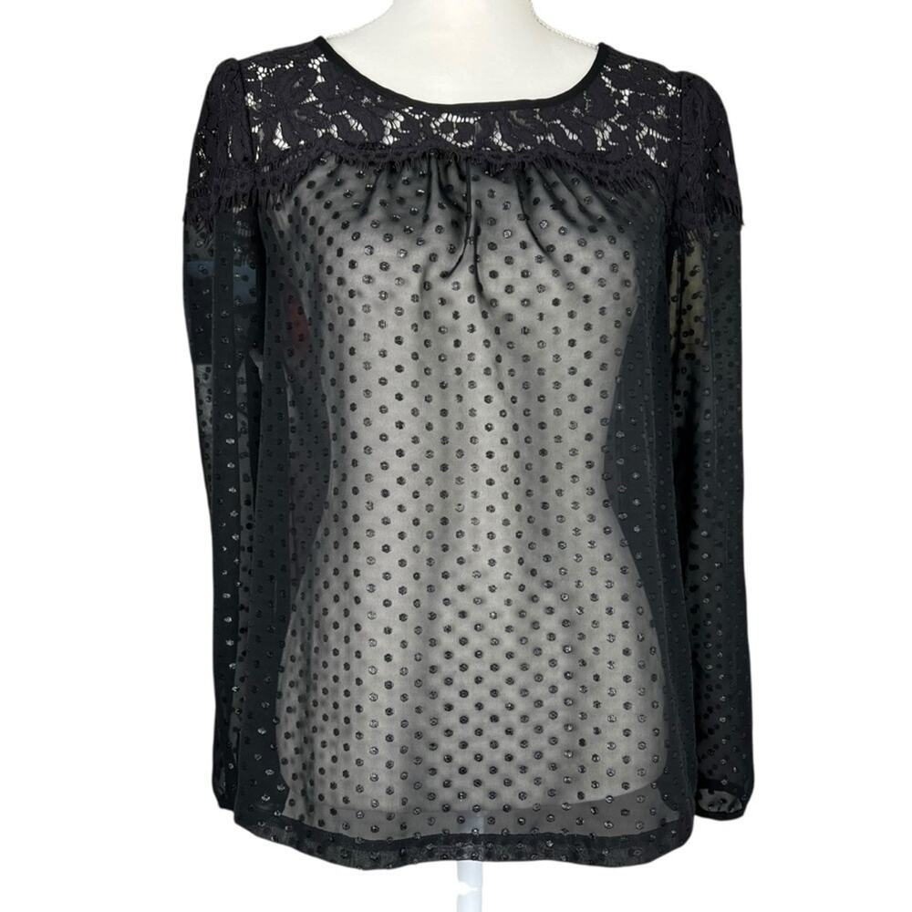 Elle Sheer Lace Black Long Sleeve Blouse Women’s Size Small Polka dot